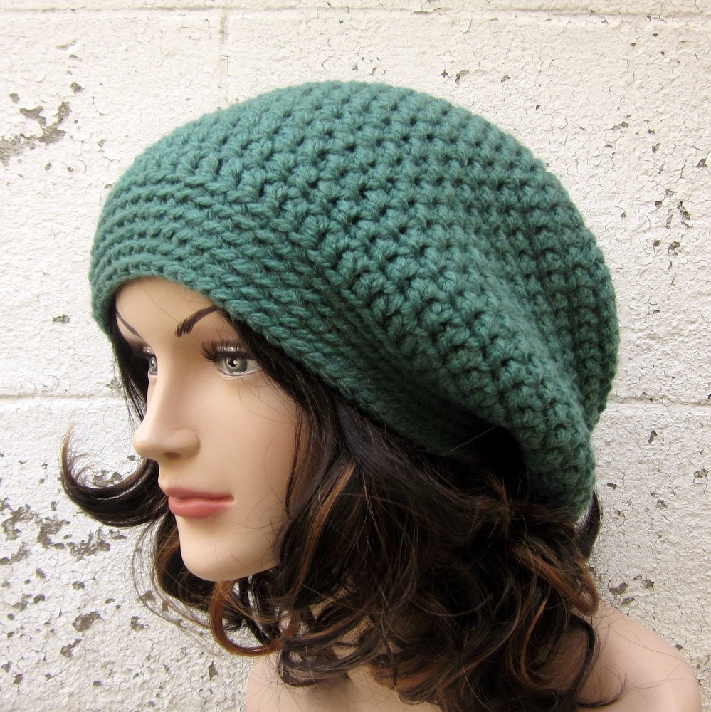 Jade Green Crochet Hat - Womens Slouch Beanie - Slouchy Oversized Cap - Chunky Hat