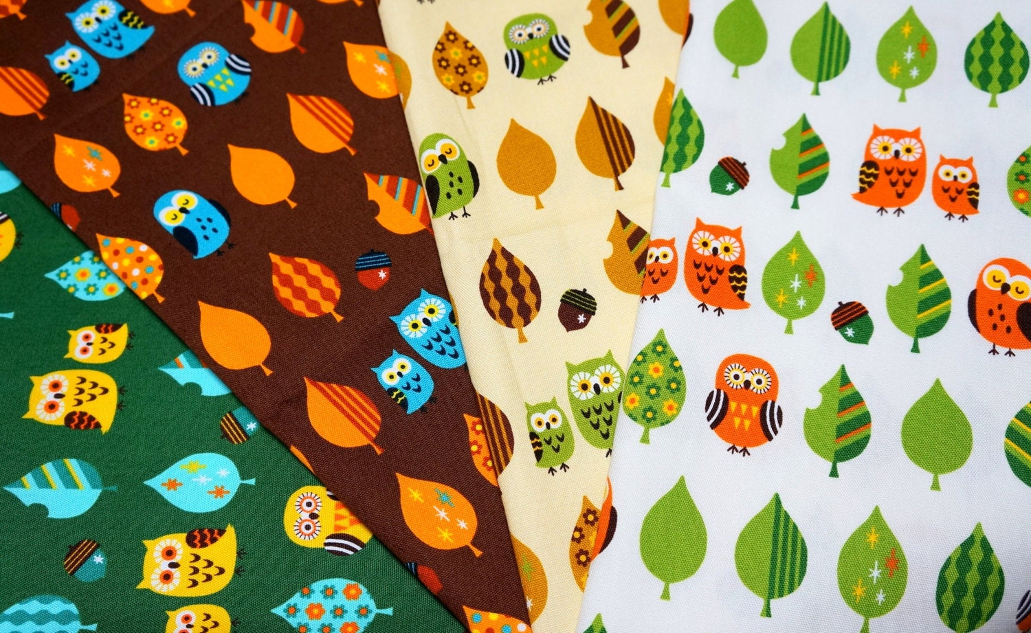 owl and tree  print Japanese fabric half meter Dark Green Dark Brown Natural or White A4
