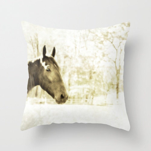 Home Decor Photograph Throw Pillow Cover, white, horse, Winter Scene