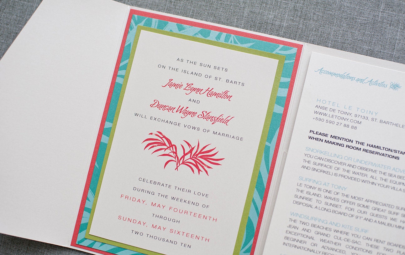 Destination Wedding Pocket Invitation - Tropical Red and Blue - Custom Colors - Jamie and Duncan