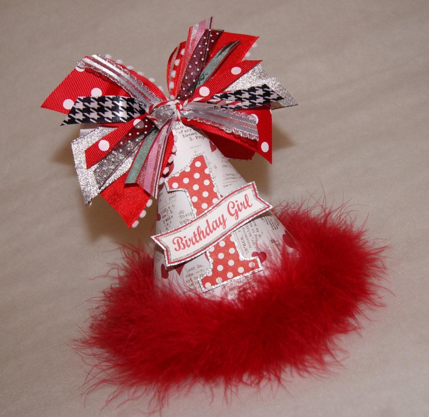 Red and Black Vintage Valentines Newspaper and Polka Dot Party Hat
