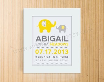 Modern Elephant Birth Print, Adoption Print, Baptism Print
