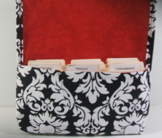 Coupon Organizer Holder Damask Fabric Black and White with Red Lining