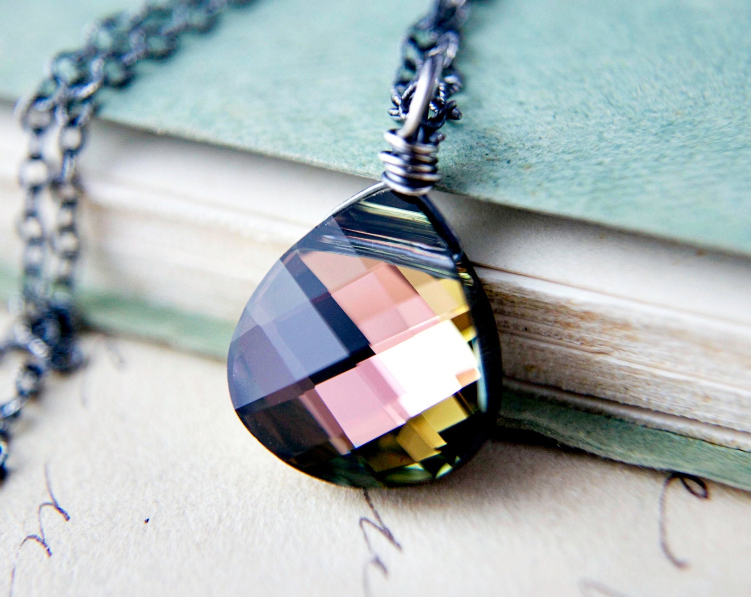 Crystal Fire Necklace Swarovski Wire Wrapped Sunset Pendant Sterling Silver PoleStar Peach Taupe