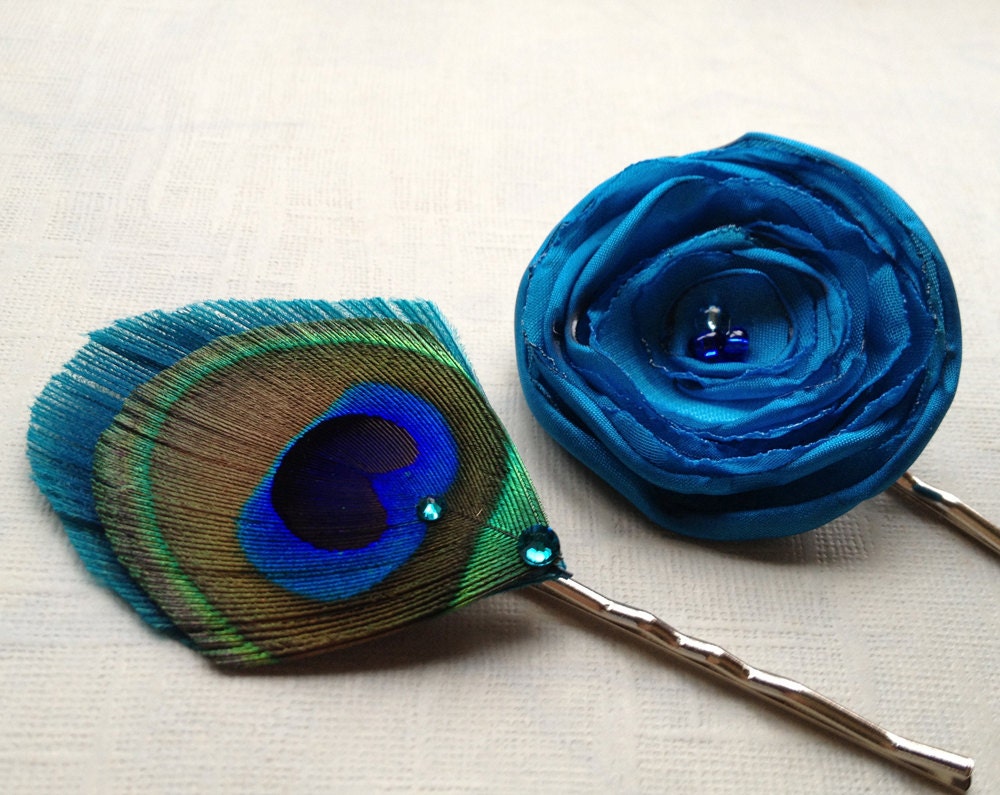 Calypso Blue Flower and Peacock Feather Pin Set - Made to Order