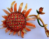 Vibrant Orange Rhinestone Weiss Brooch