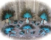RUSH - Peacock Feather Bridesmaid Fan & Boutonniere Collection in Blue and Brown for Kirsten - FINAL PAYMENT