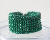 Knit Beadwork Cuff Bracelet,  Hand Knit,  Silver, Emerald Green