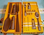Vintage Mid Century Modern Salad Set Fork Spoon Salt & Pepper Shakers