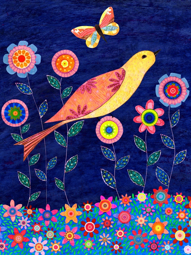 Bird and Flower Collage Painting, Mixed Media Art Large Poster Print 16 x 20 Inches, Home Decor