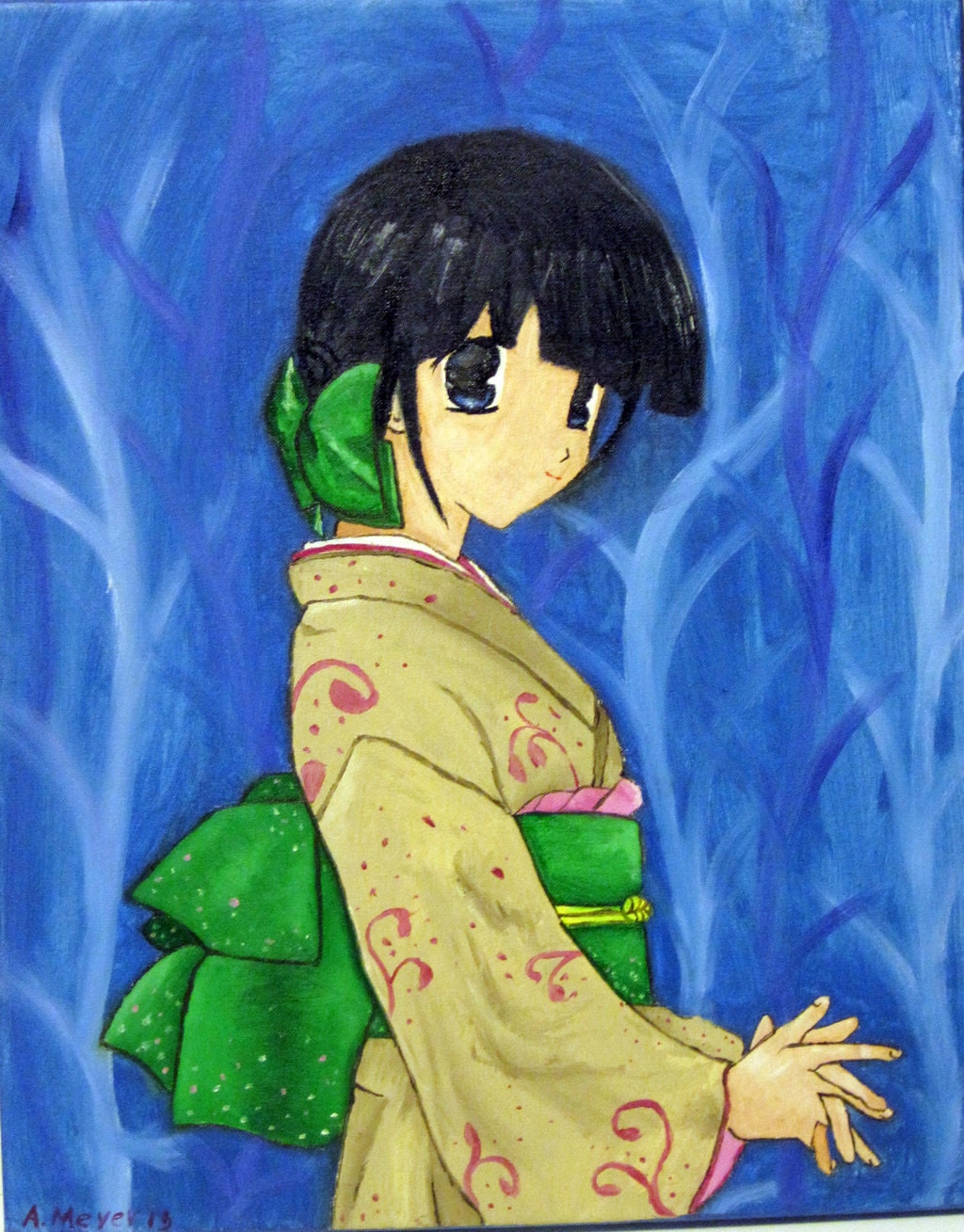 Mieko "Blue Forest" Girl in Spring Kimono kawaii anime orginial oil painting 20x16