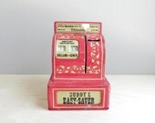 vintage toy cash register bank / cherry red
