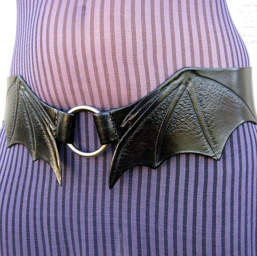 Bat Wings Black Leather Hip Belt Hand Tooled Low Waisted