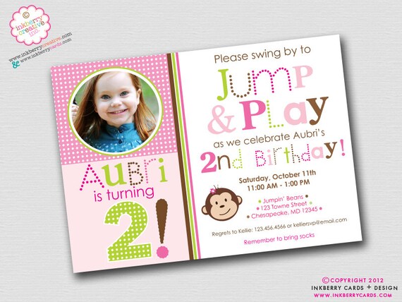 Jump & Play Monkey Girl - Birthday Party Photo Invitation (Digital File - Printed Cards Also Available) Il_570xn