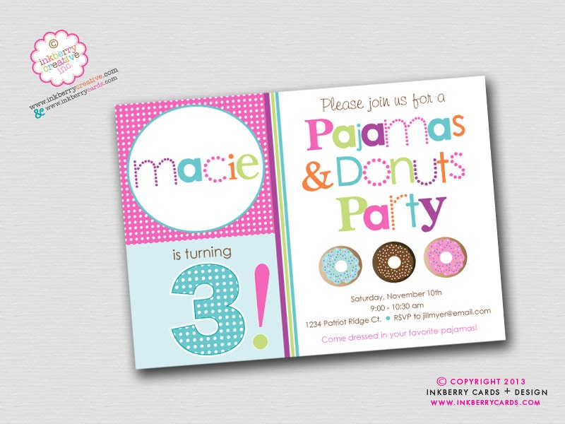 Pajamas and Donuts Birthday Party Invitation (Digital File - Printed Cards Also Available) Il_570xn