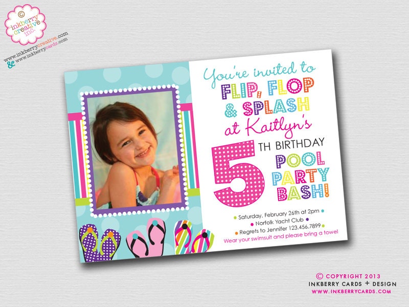 Flip Flop Splash Pool Party Bash - Birthday Party Invitation (Digital File - Printed Cards Also Available) Il_570xn