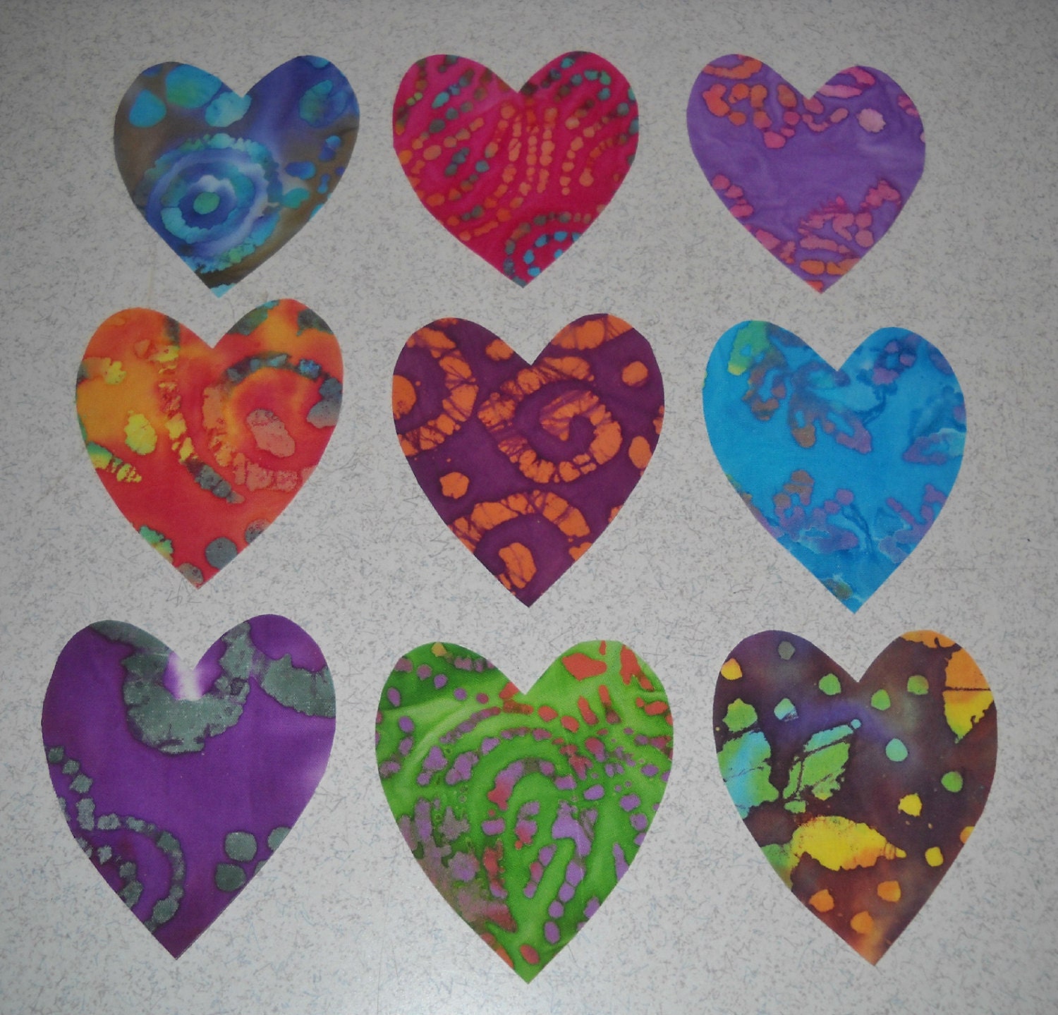 Set of 9 BATIK Heart Fabric Appliques  -- Just Iron On