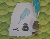 Feather and Ink Rubber Stamp Set Hand Carved