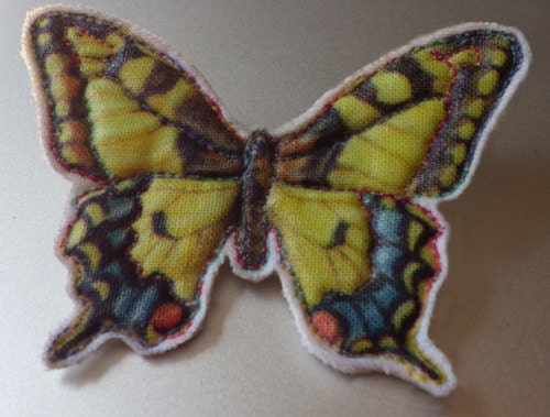 Butterfly Brooch: Large Yellow, Freemotion Embroidered Printed Fabric