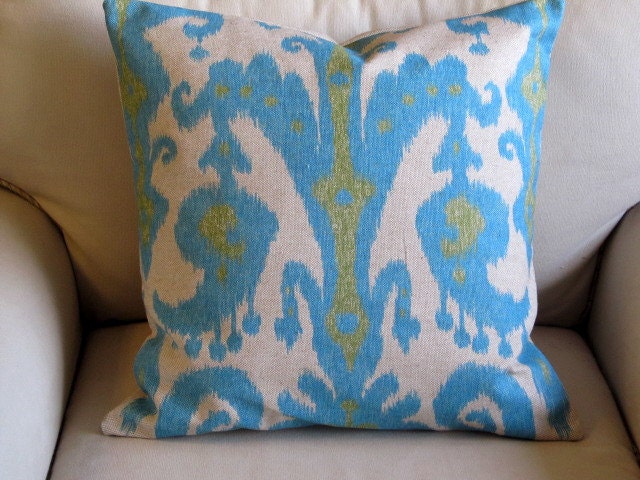 IKAT Aqua Blue and Lime Green Pillow Cover 20x20 inches