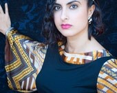 Black Women's Blouse w Gold Flared Sleeve, Boat Neck, Jersey Knit, Gold, Brown, Black, White Printed Art Deco Long Sleeve.