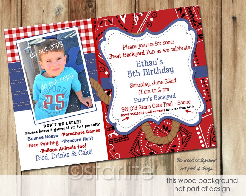 Western theme - Backyard Fun - 5x7 photo birthday invitation - red bandana denim - boy or girl - any age - PRINTABLE INVITATION DESIGN