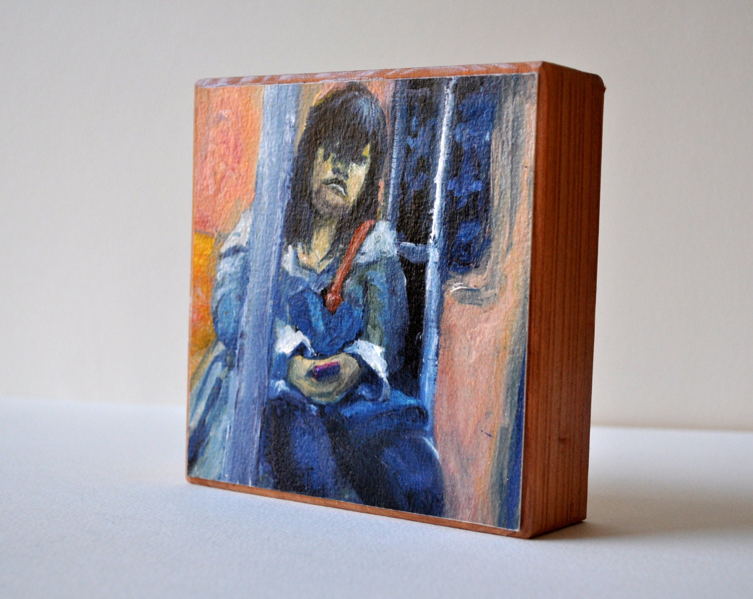 Art Oil Painting New York City Woman Subway Rider Mounted PRINT on Redwood Block