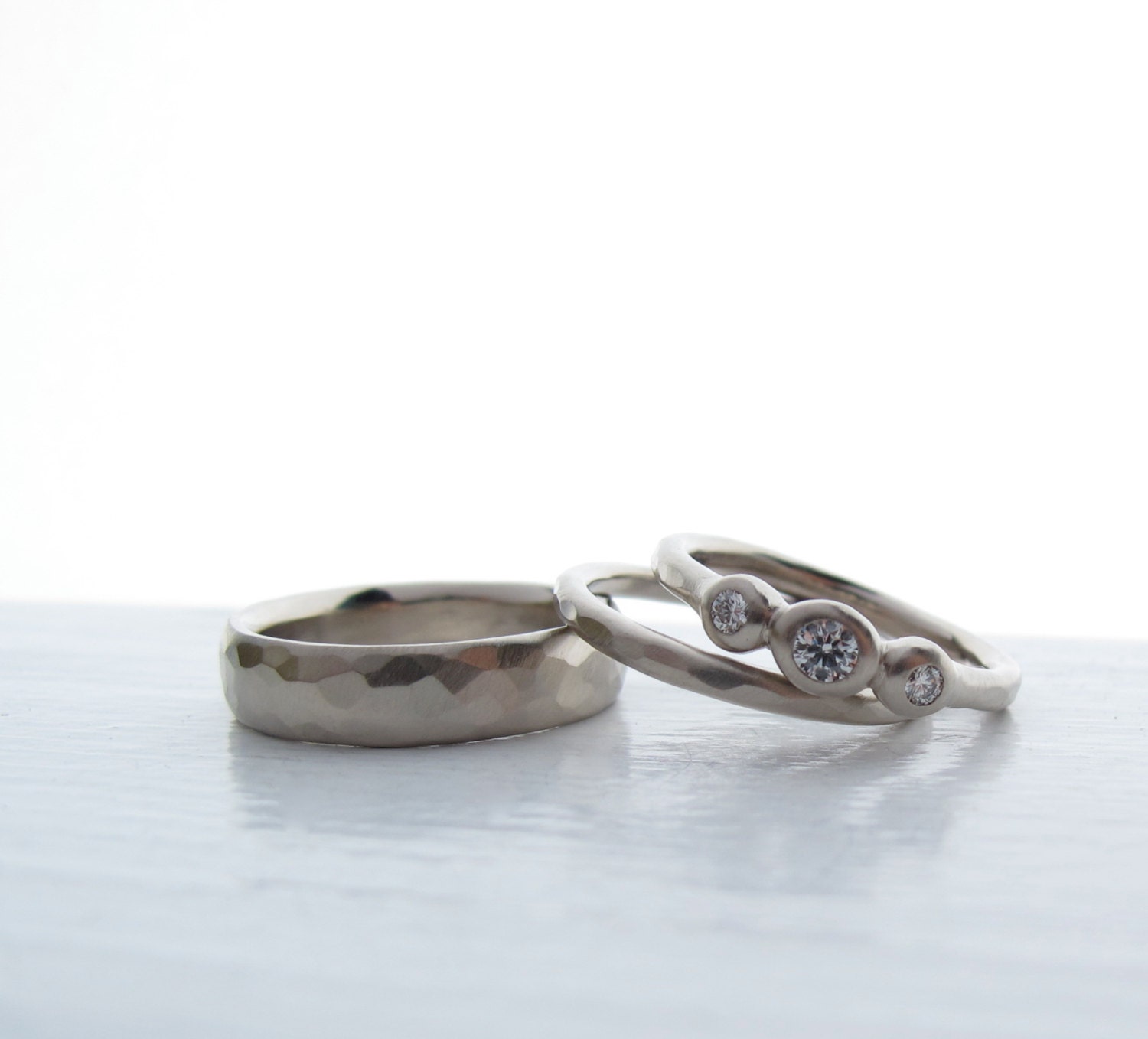 Rugged 3 stone ring 4 ring wedding set