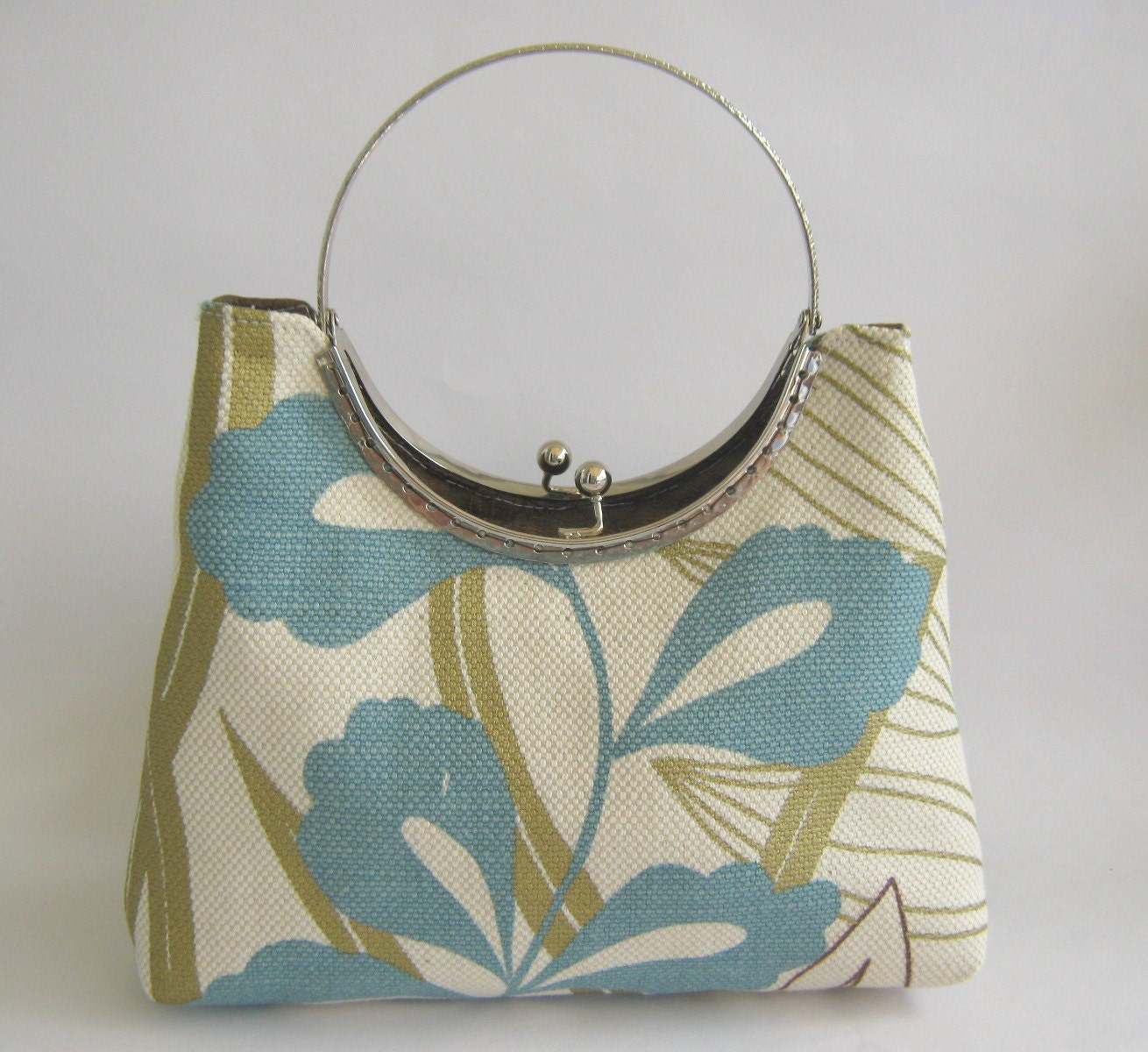 Clutch purse - metal frame and handle, aqua and gold floral
