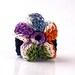 Crochet Ring Fiber Ring Flower Applique Indigo Blue Orange Ecru Purple Green on a Black Band