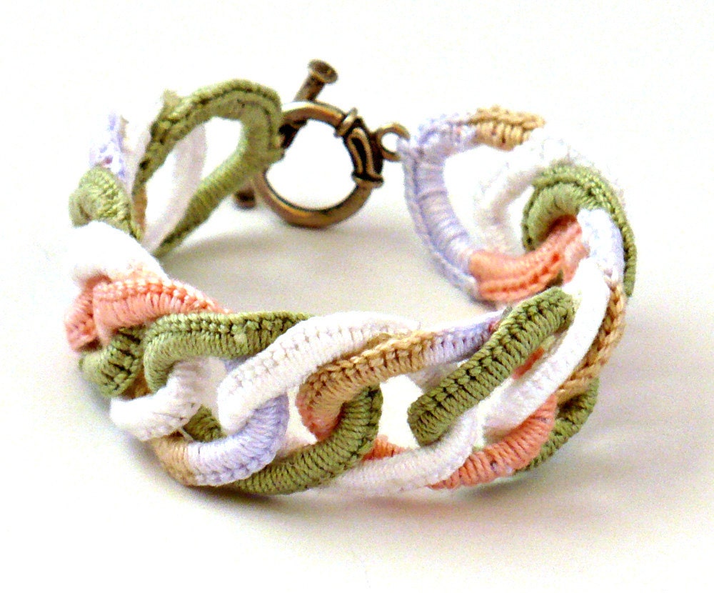 Crochet Bracelet Fiber Bracelet  Faux Chainmail Irish Crochet Peach Sage White Wisteria