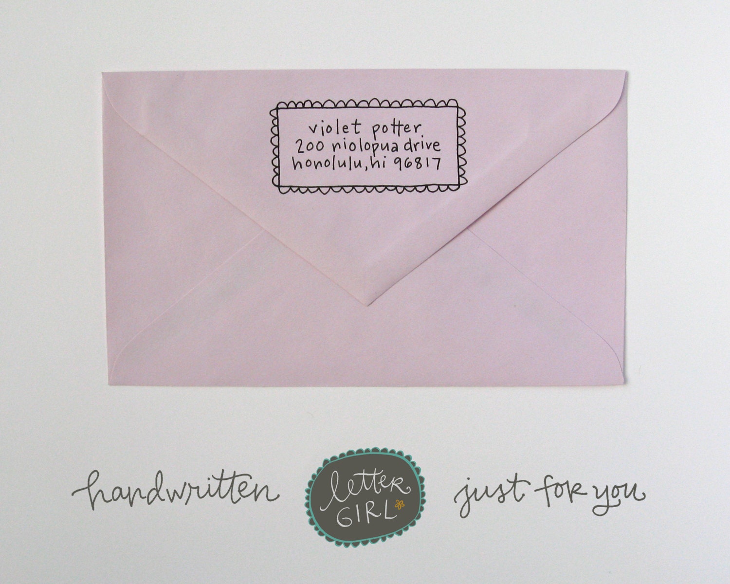 Violet Handwritten Address Stamp: your choice of self-inking or red rubber
