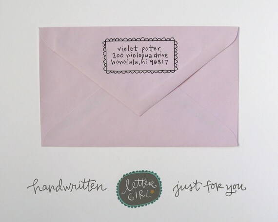 Violet Handwritten Address Stamp: your choice of self-inking or red rubber
