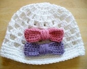 ON SALE - White Crocheted Cotton Summer Hat with Removeable Bows