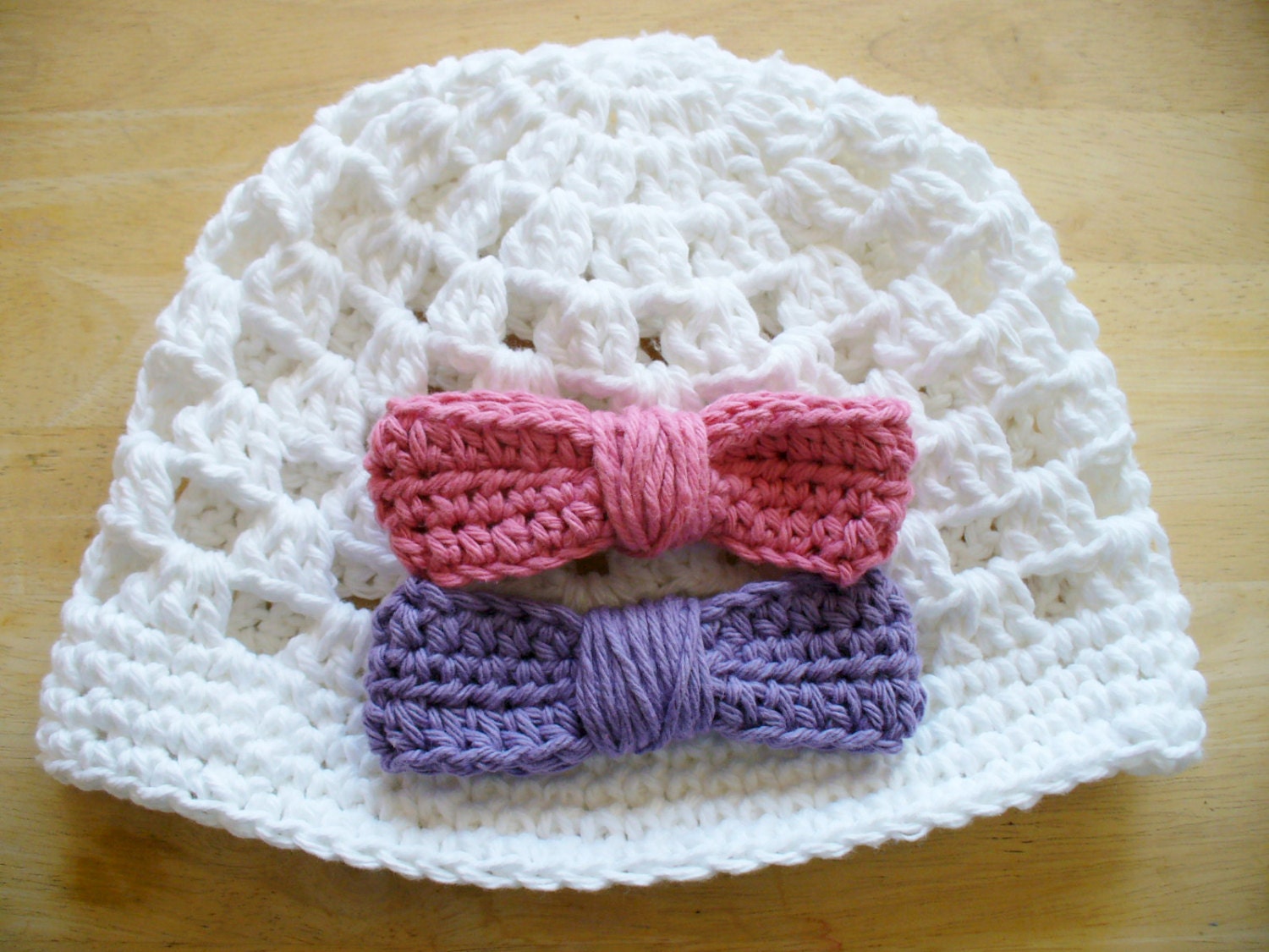 ON SALE - White Crocheted Cotton Summer Hat with Removeable Bows