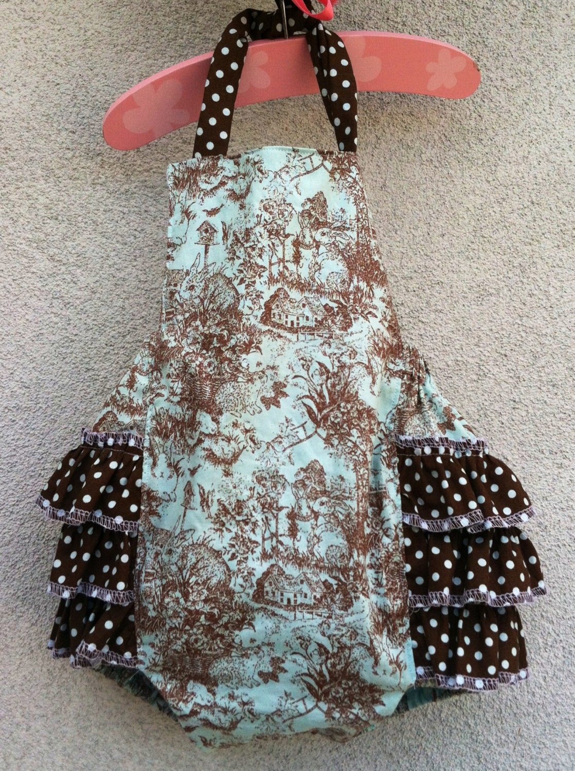 Bunny toile Easter ruffle butt bubble romper