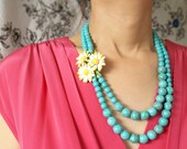 Bib necklace, Vintage Daisy Statement Necklace, yellow white daisy brooch necklace turquoise OOAK statement floral jewelry