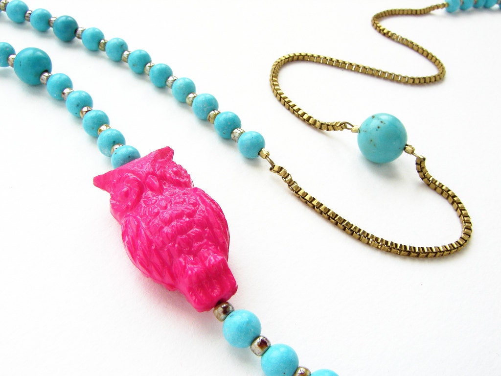 Owl necklace, pink statement necklace, vintage magenta lucite owl aqua blue turquoise long statement necklace