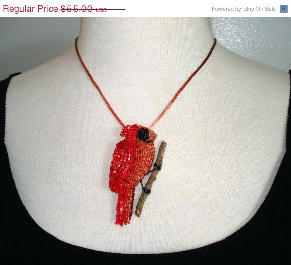 SALE NORTHERN CARDINAL beaded holiday red bird art jewelry pin / pendant