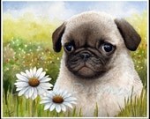 Set of 4 Note Cards Dog 114 puppy Pug daisy art painting L.Dumas