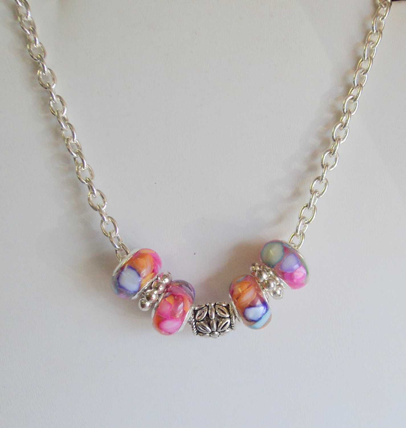 Necklace Silver Filled Cable with Euro Beads Colorful 18 Inch Spring Bright