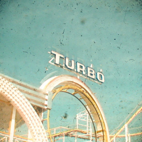 Roller Coaster - carnival photography, fairground ride, light blue and yellow, summer decor, retro sign, typography photo 8x8 Print