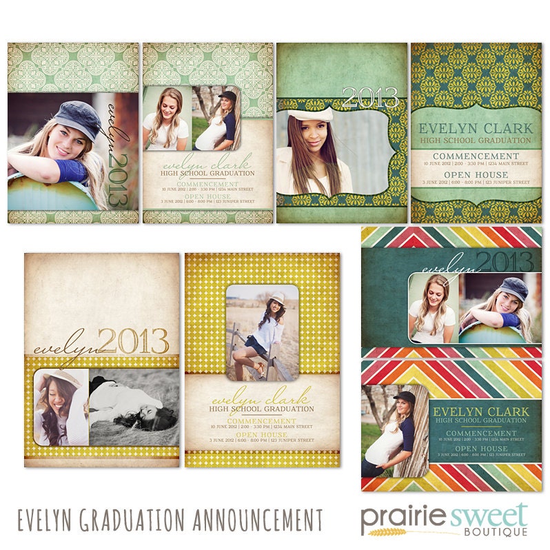 Evelyn Graduation Announcements - Photoshop Template Set - High School Seniors (8 .PSD Files) - CS2001