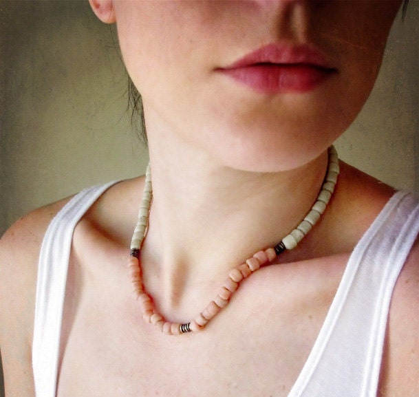 Rustic Glass Bead Necklace - Gritty Glass Tribal Ethnic Strands - Dusty Pink and Cream Beige - Raw, Unfinished, Reclaimed - Gift Box