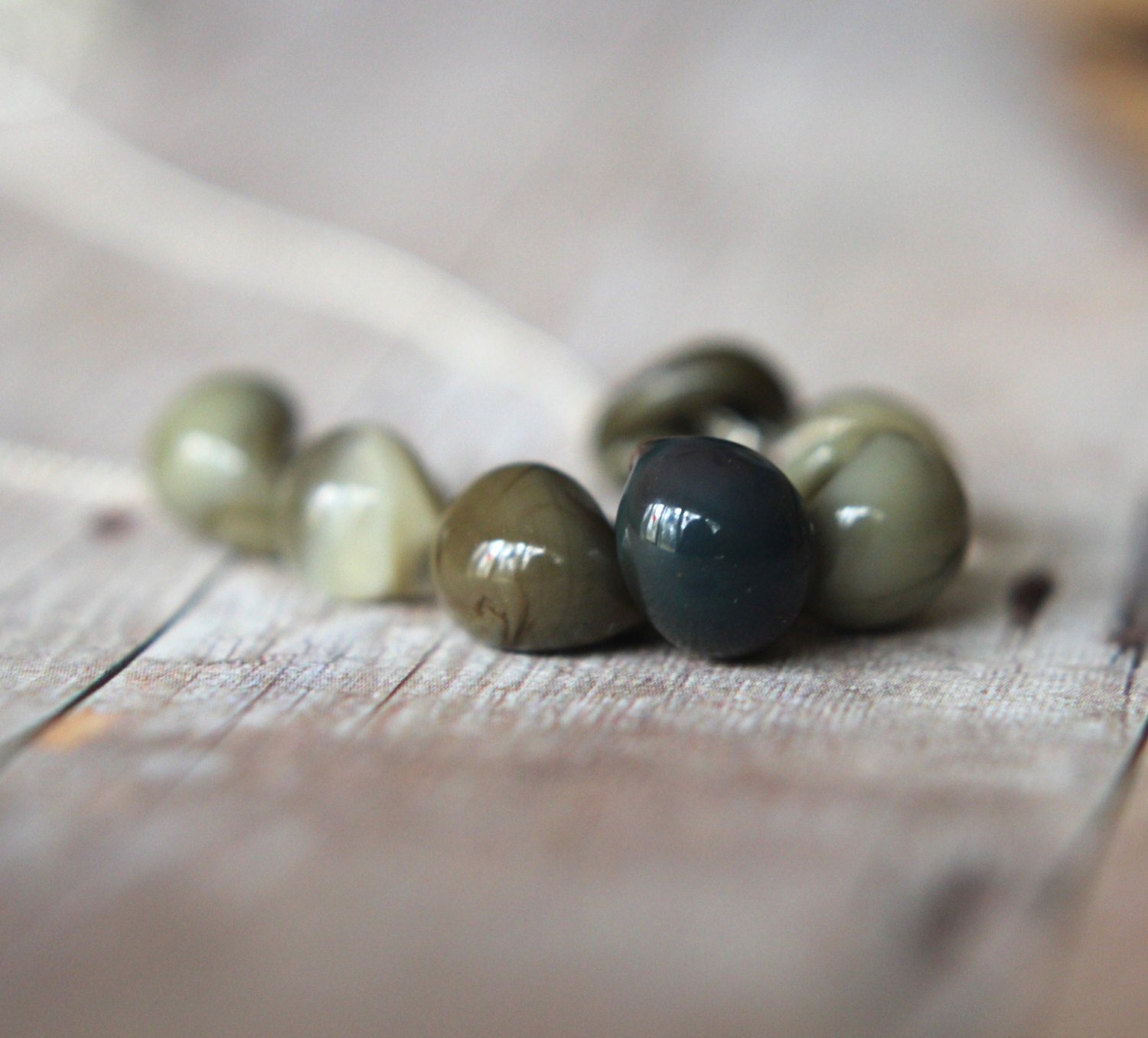 Moss Green Necklace - Forest, Moss, Olive Green, Brown - Unicorne Glass Droplet Beads - Silver Chain - Gift Box