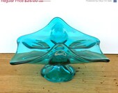 Memorial Day SALE Vintage Turquoise Glass Mid Century Modern Aqua Glass Pedestal Dish
