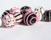 Handmade Lampwork Beads - Black/White & Pink Rounds- DaNeGlass 073