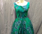 50's, 60's, emerald iridescent taffeta rose print dress. Petite small.