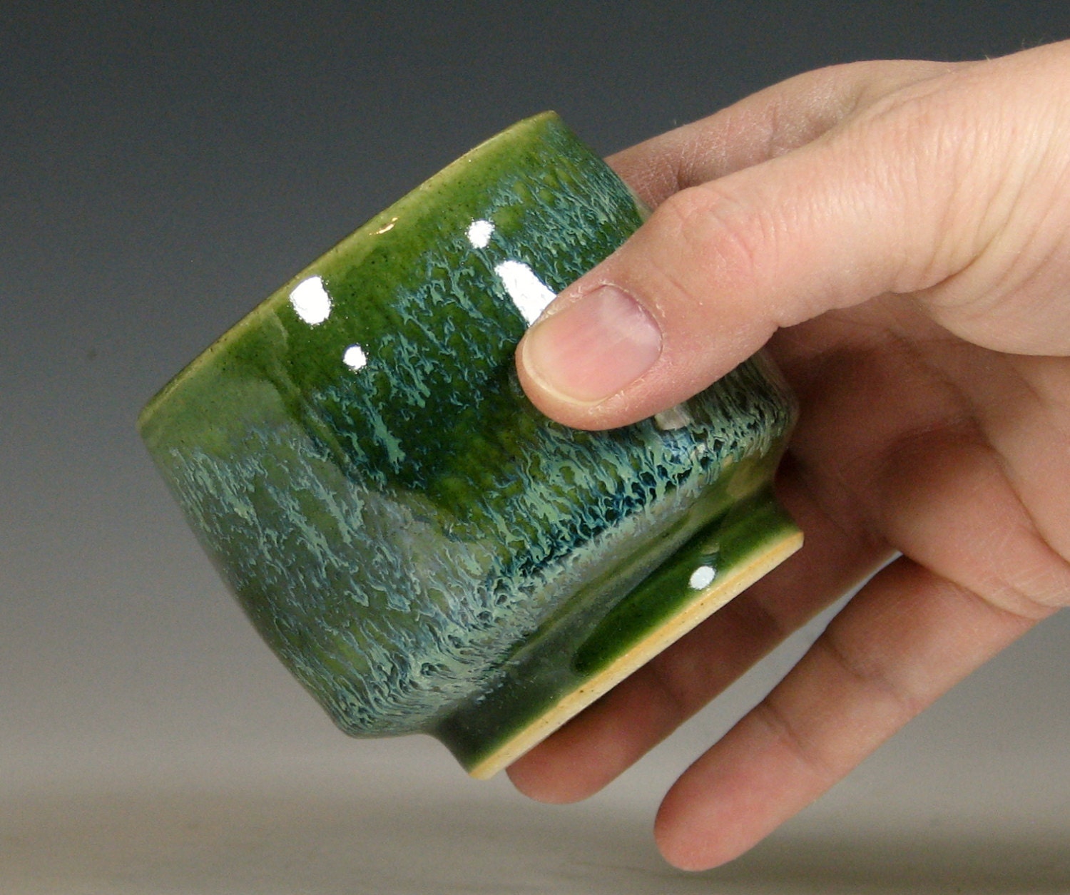 Tea cup, small tumbler ceramic, juice glass, glazed in green moss, handmade stoneware by hughes pottery