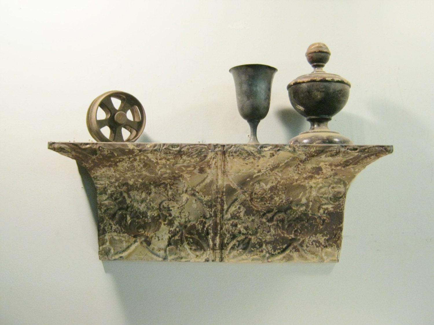 2 FOOT Shabby Salvaged Tin SHELF Mantle Wall Mount Chic Recycled S1003-13